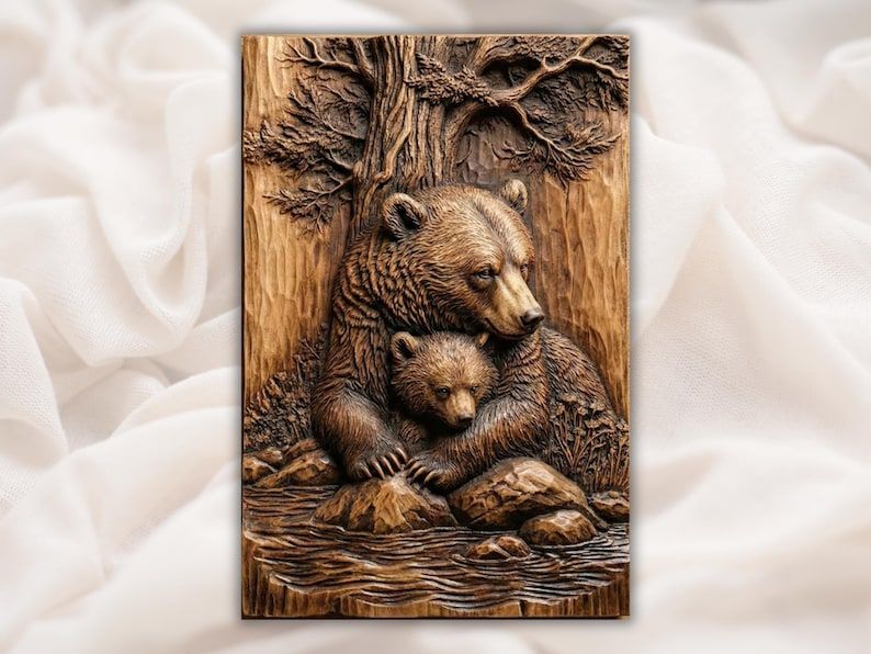 Carved wood relief of a mother bear hugging her cub beside a tree and forest creek