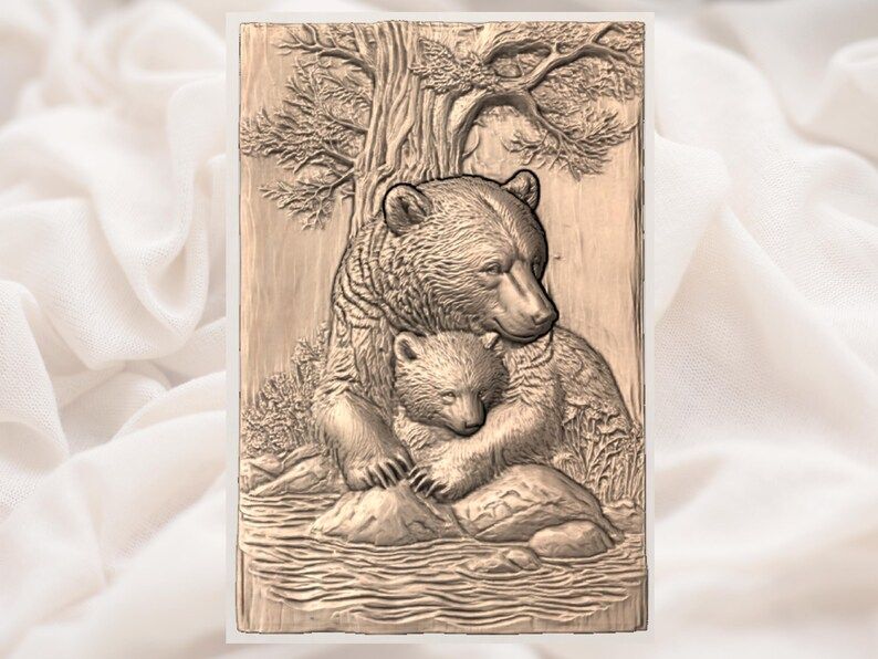 Mother Bear and Cub Forest Embrace Bas-Relief STL bas-relief STL — view 2
