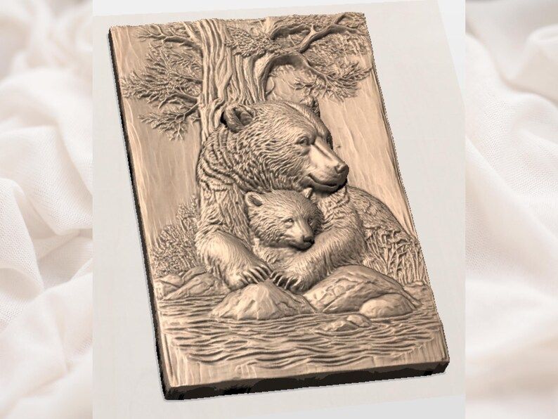 Mother Bear and Cub Forest Embrace Bas-Relief STL bas-relief STL — view 3