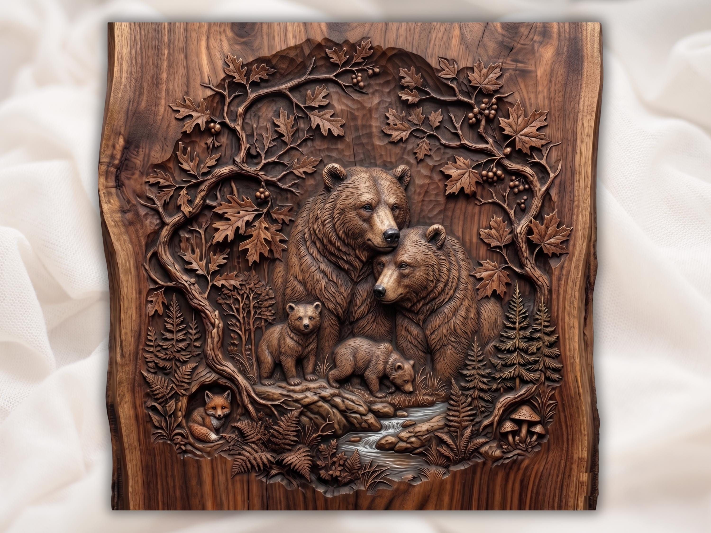 Carved wood bas-relief of two adult bears and two cubs by a forest stream with oak leaves and ferns