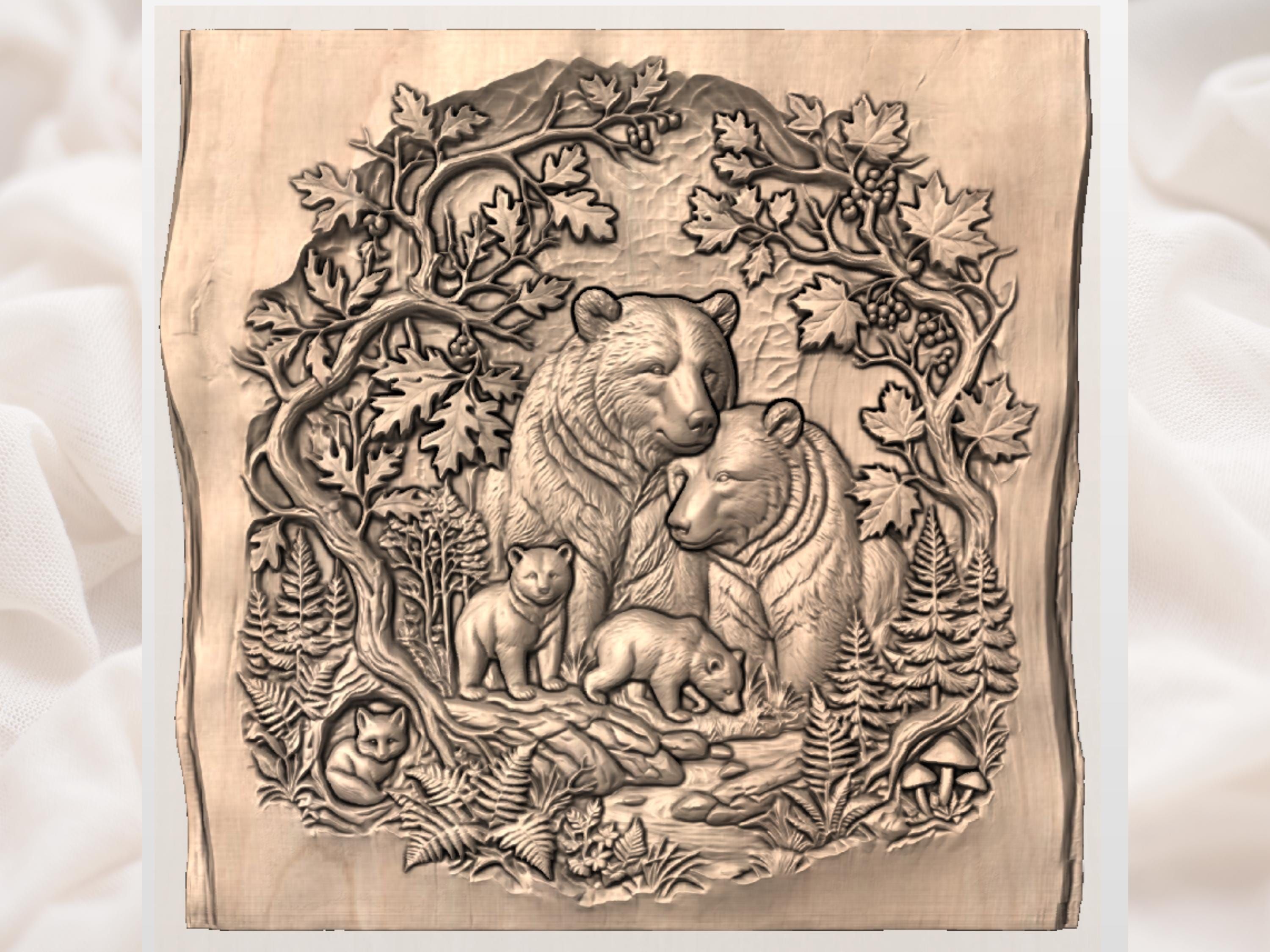 Bear Family by the Stream Bas-Relief Woodland Carving STL bas-relief STL — view 2