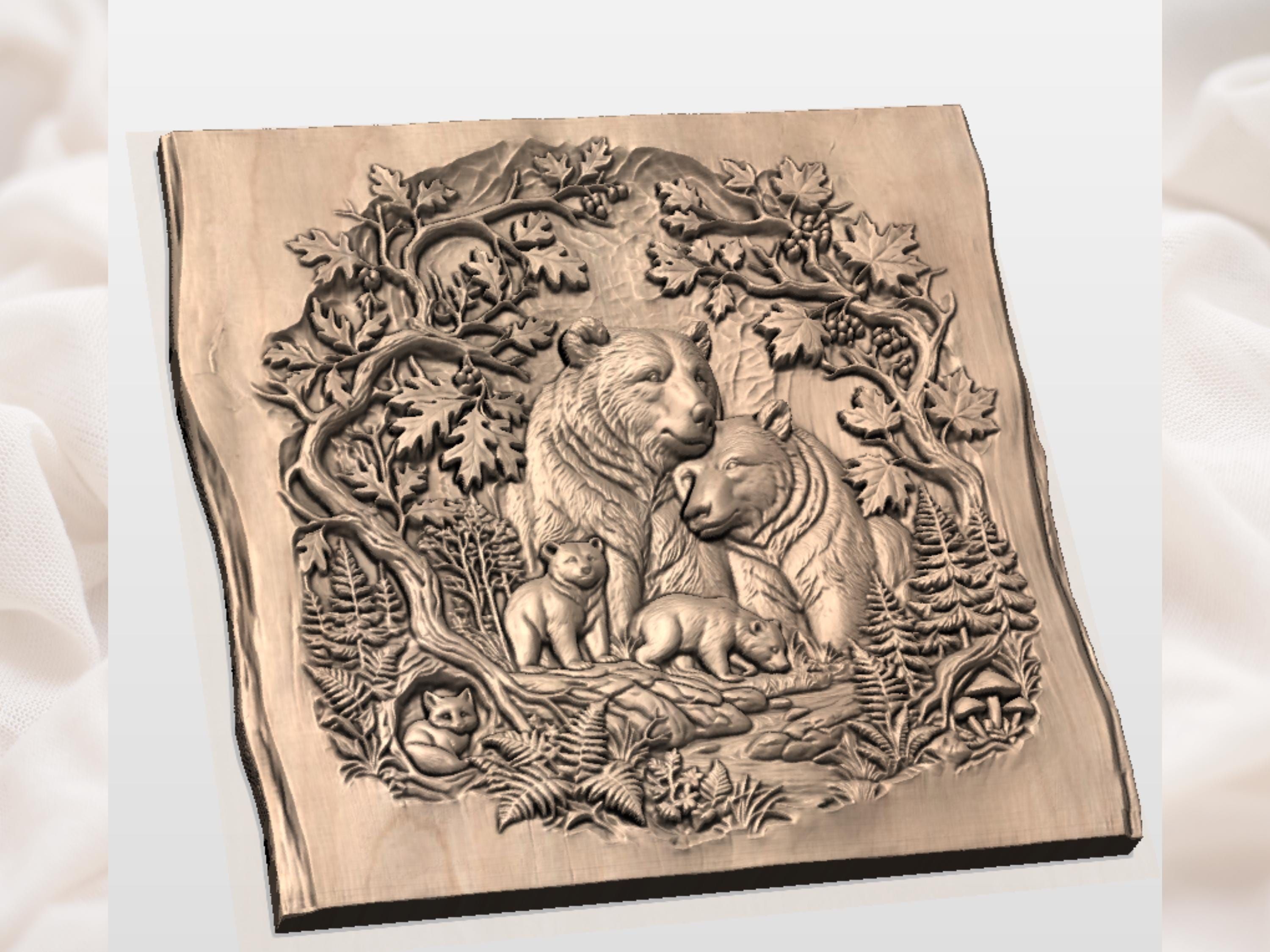 Bear Family by the Stream Bas-Relief Woodland Carving STL bas-relief STL — view 3