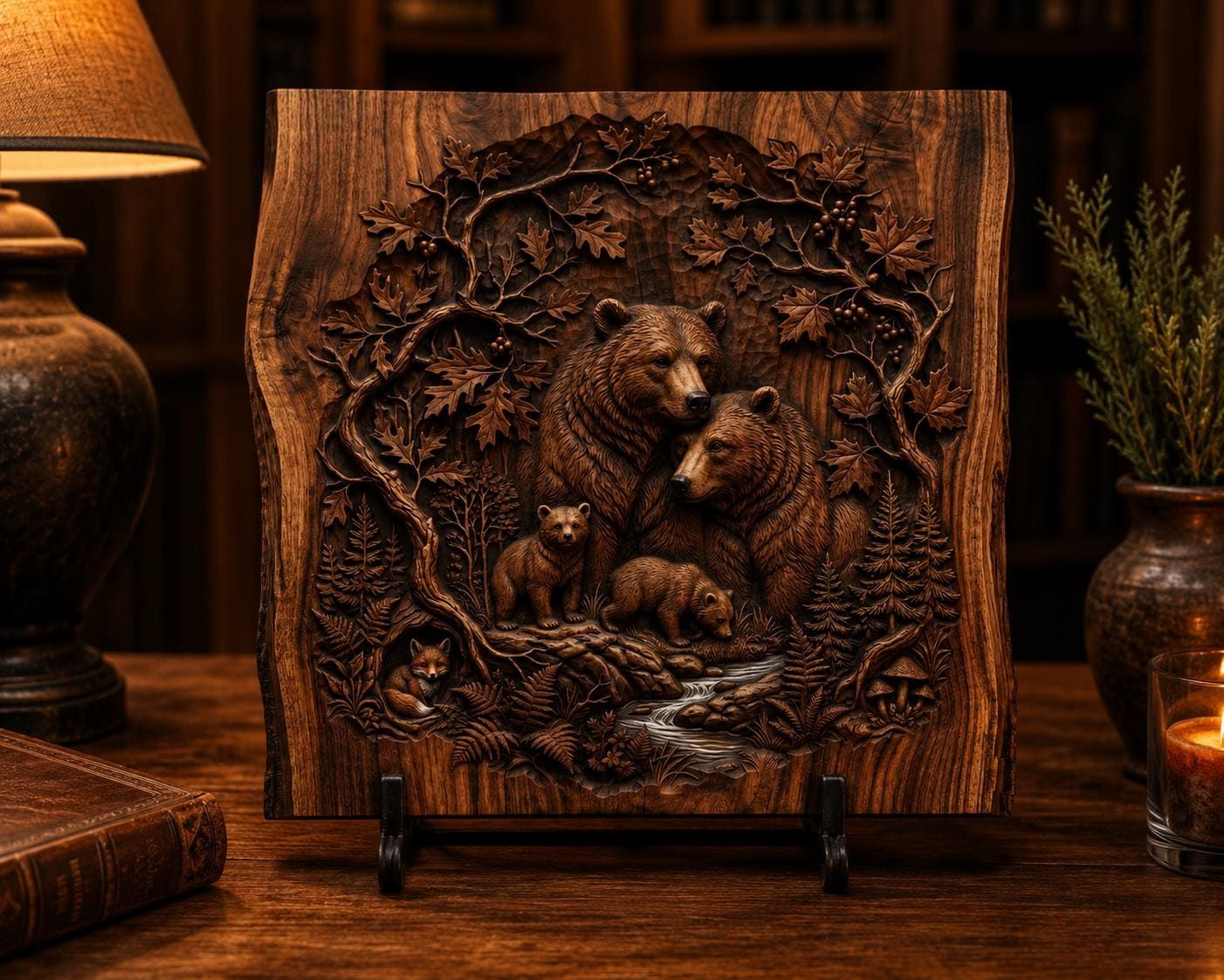 Bear Family by the Stream Bas-Relief Woodland Carving STL bas-relief STL — view 4