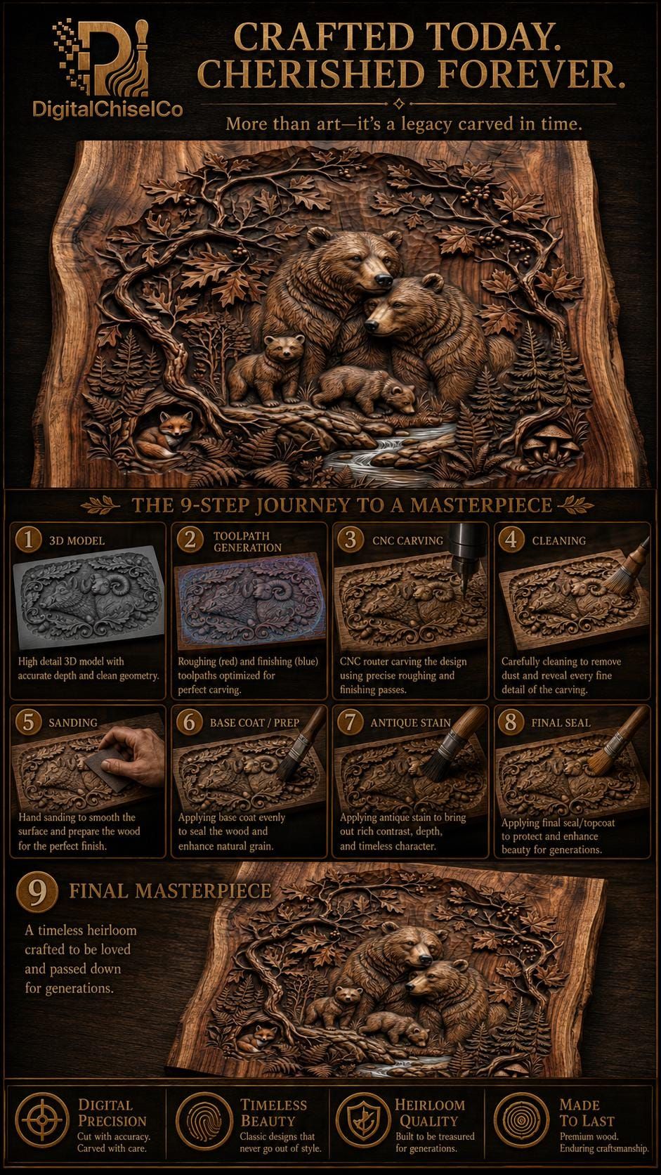 Bear Family by the Stream Bas-Relief Woodland Carving STL bas-relief STL — view 5