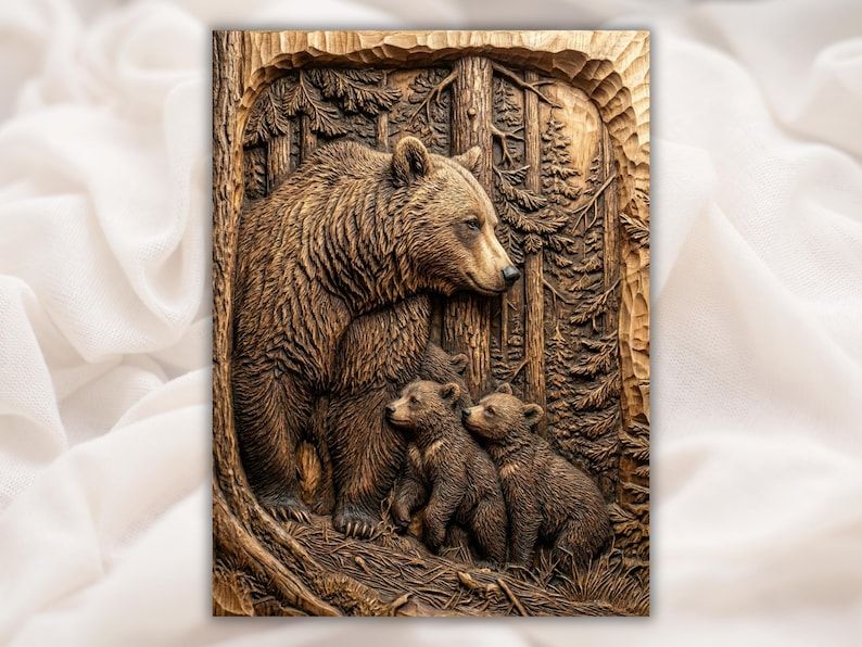 Bas-relief wood carving of a mother bear and two cubs in a pine forest scene.