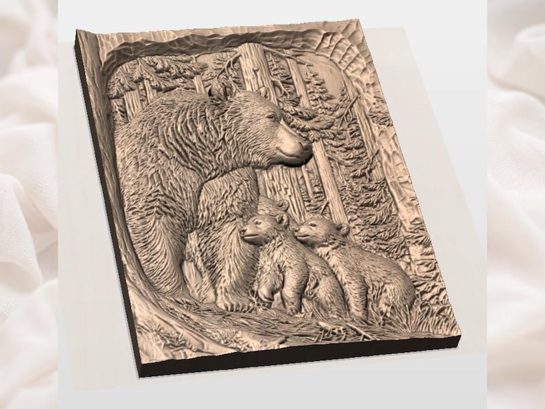 Mama Bear and Two Cubs Forest Bas-Relief STL Carving bas-relief STL — view 2