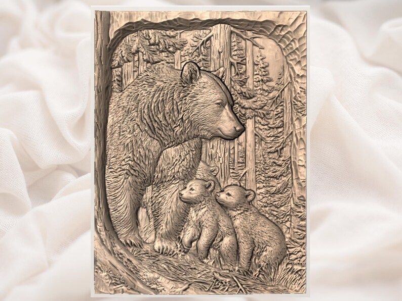 Mama Bear and Two Cubs Forest Bas-Relief STL Carving bas-relief STL — view 3
