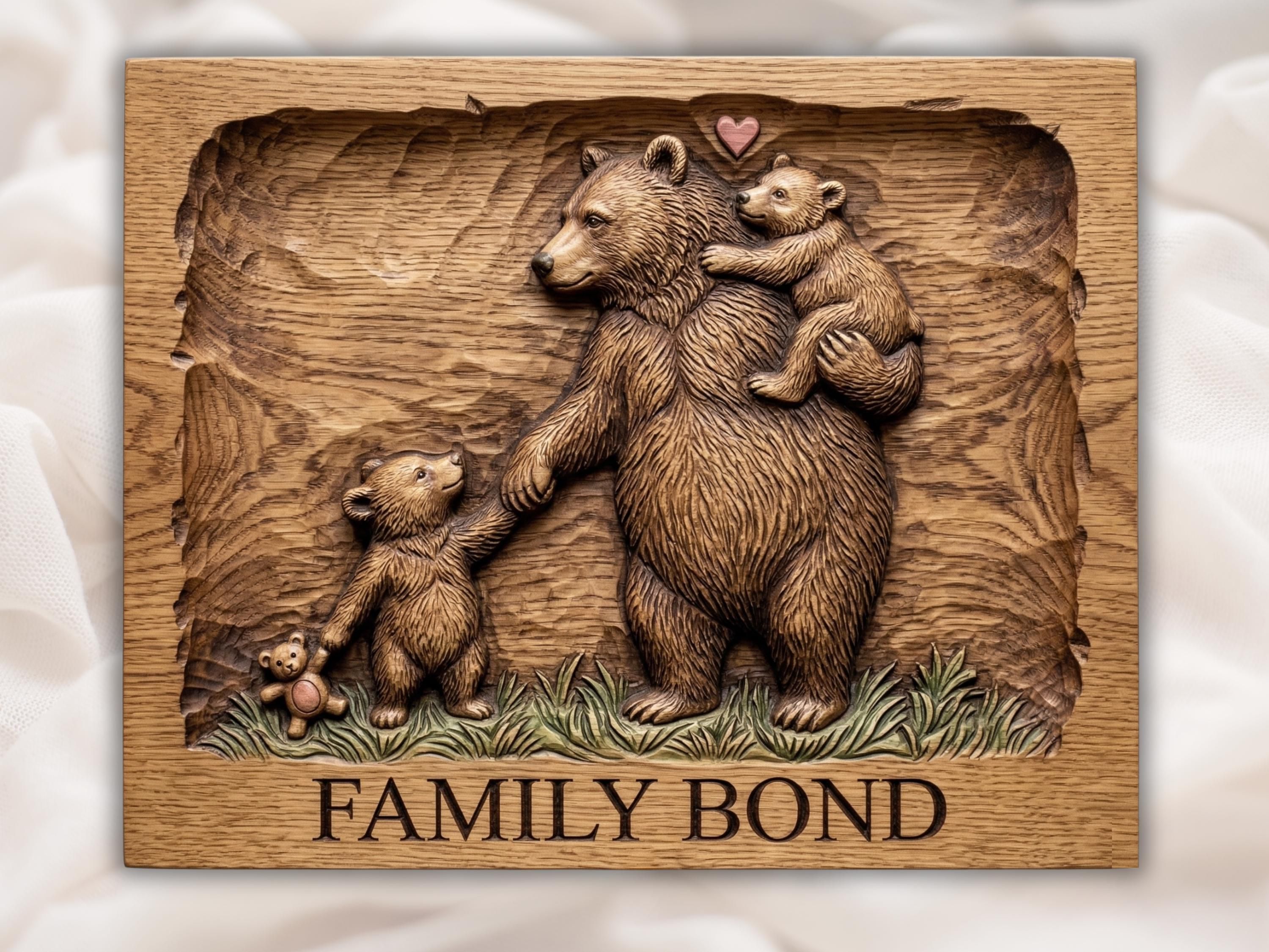 Carved wood bas-relief of a mother bear with two cubs, a heart above and a family name banner below.