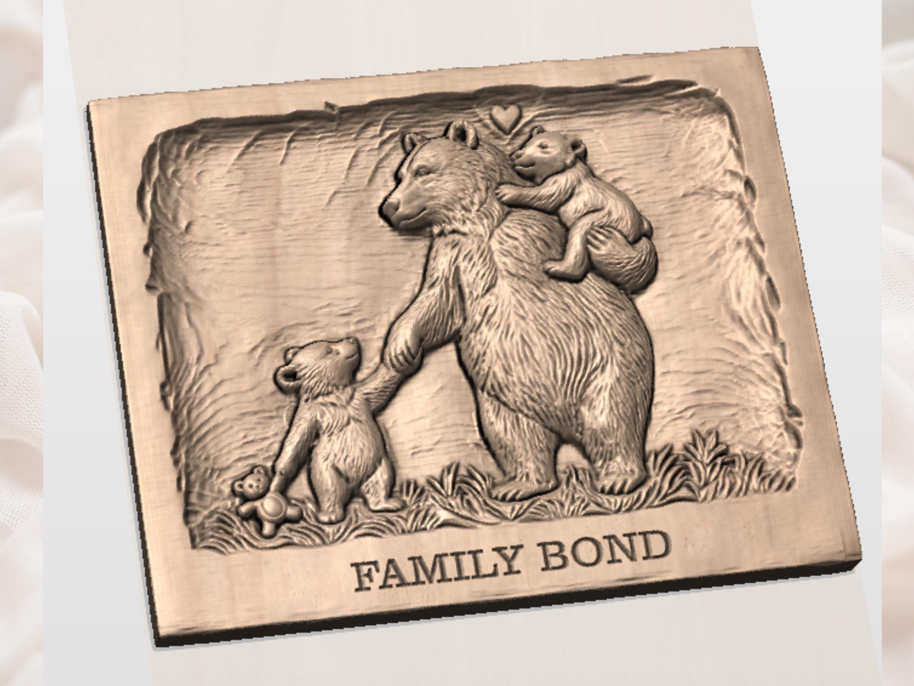 Mother Bear and Cubs Family Bond Bas-Relief STL Carving bas-relief STL — view 2