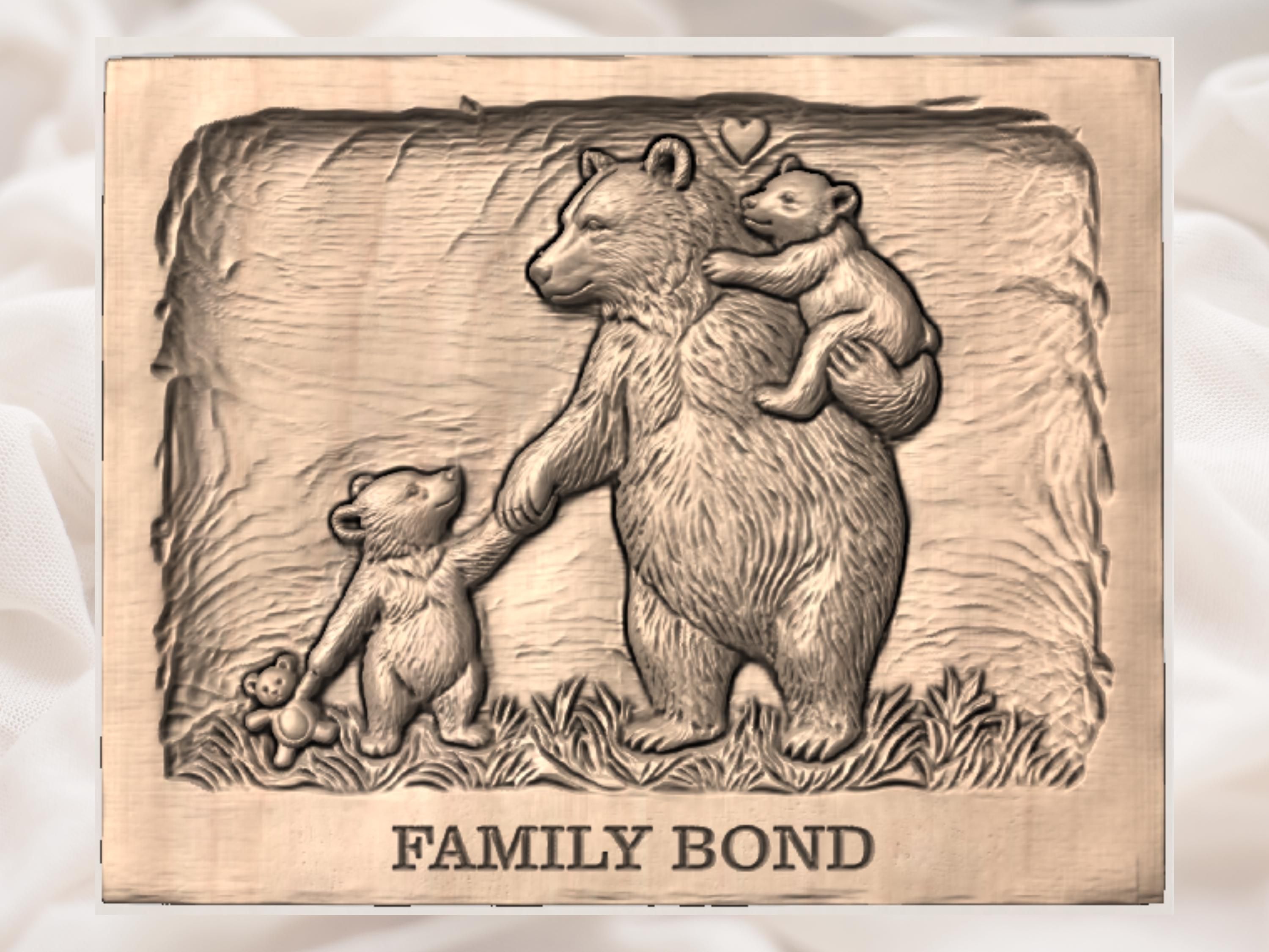 Mother Bear and Cubs Family Bond Bas-Relief STL Carving bas-relief STL — view 3