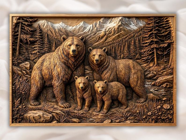 Carved wood bas-relief of two adult grizzly bears and two cubs with snowy mountains and pine forest behind them