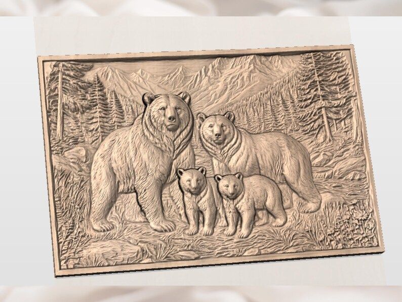 Grizzly Bear Family in the Mountains Bas-Relief STL bas-relief STL — view 2