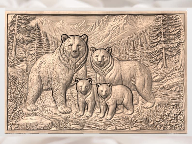 Grizzly Bear Family in the Mountains Bas-Relief STL bas-relief STL — view 3