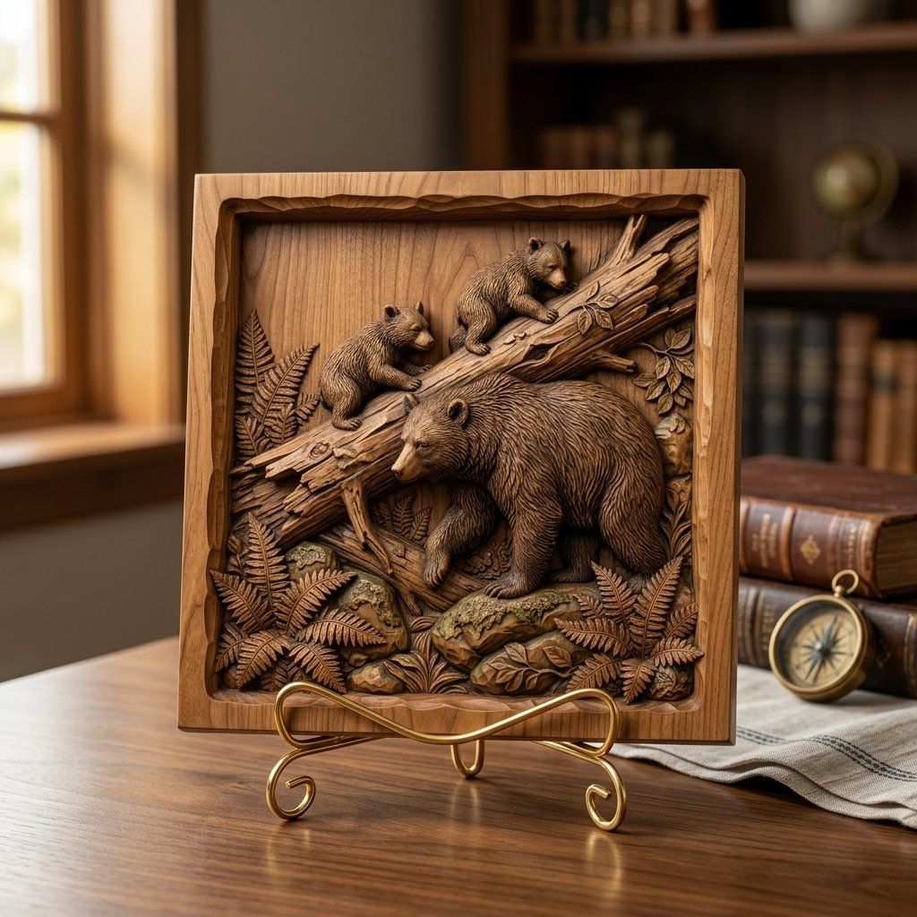 Bear Family Wildlife Scene CNC Relief STL bas-relief STL — view 3