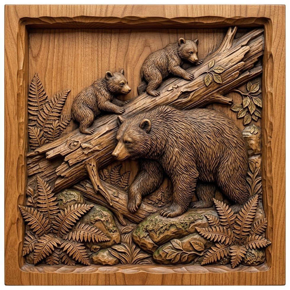 Bear Family Wildlife Scene CNC Relief STL bas-relief STL — view 11
