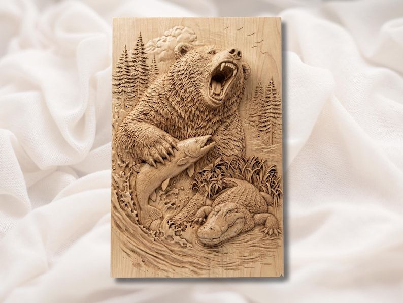 Carved wood bas-relief of a roaring grizzly bear holding a salmon in a river with pine trees behind