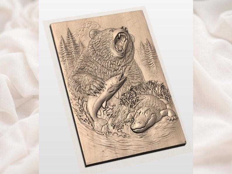 Roaring Grizzly Catching Salmon River Scene Bas-Relief STL bas-relief STL — view 2