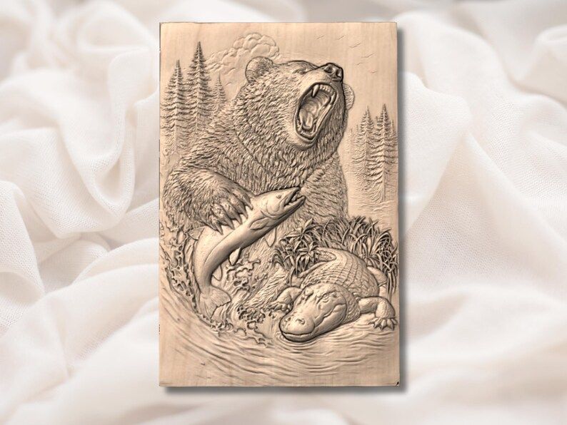 Roaring Grizzly Catching Salmon River Scene Bas-Relief STL bas-relief STL — view 3