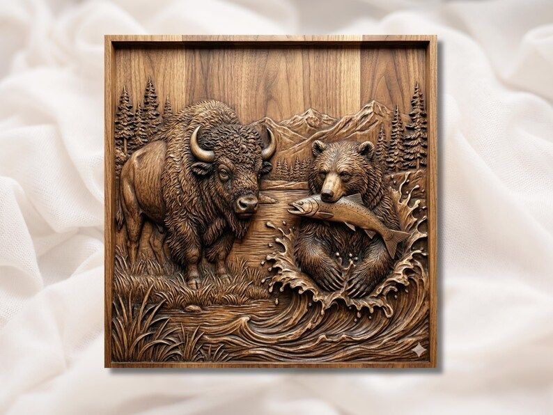 Carved wood relief of a bison and a grizzly bear catching a fish in a river with pines and mountains