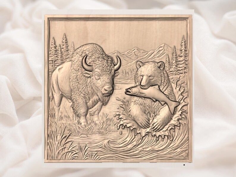 Bison and Fishing Bear Mountain River Wildlife Relief STL bas-relief STL — view 2