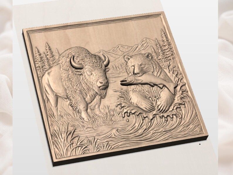Bison and Fishing Bear Mountain River Wildlife Relief STL bas-relief STL — view 3