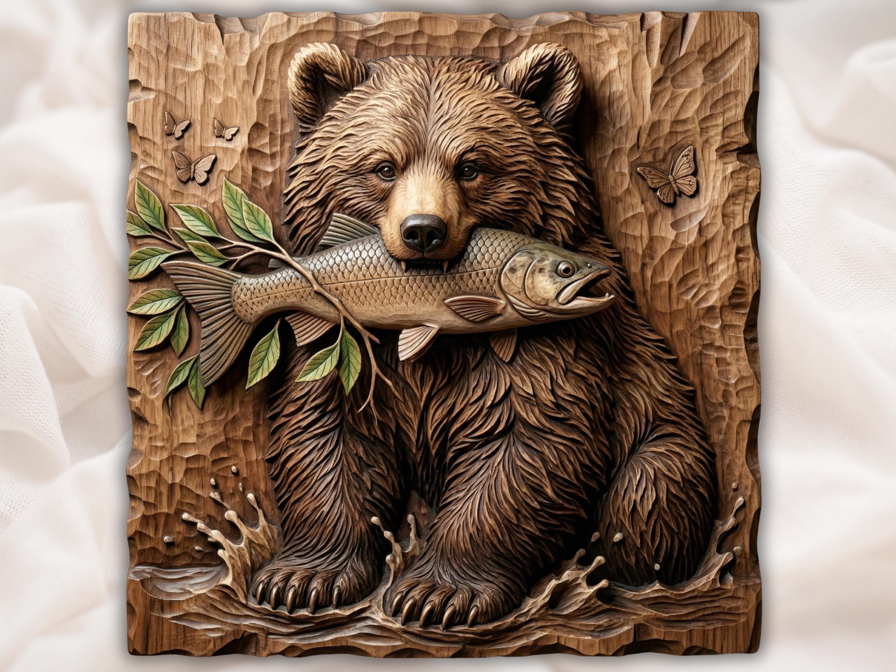 Carved wood bas-relief of a grizzly bear holding a fresh-caught fish in its jaws with flowing fur and water below.