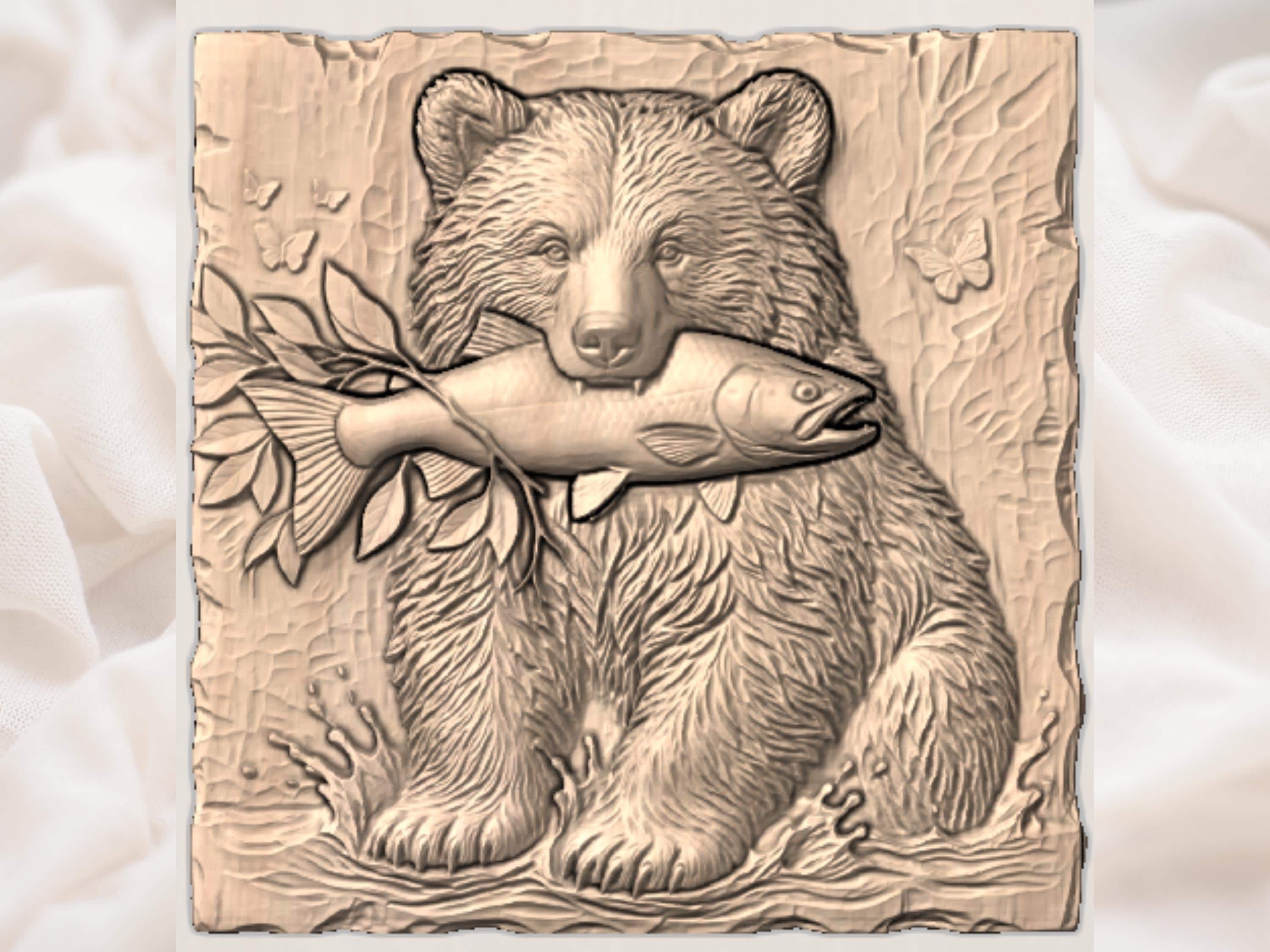 Grizzly Bear With Fresh Salmon Catch Bas-Relief STL bas-relief STL — view 2