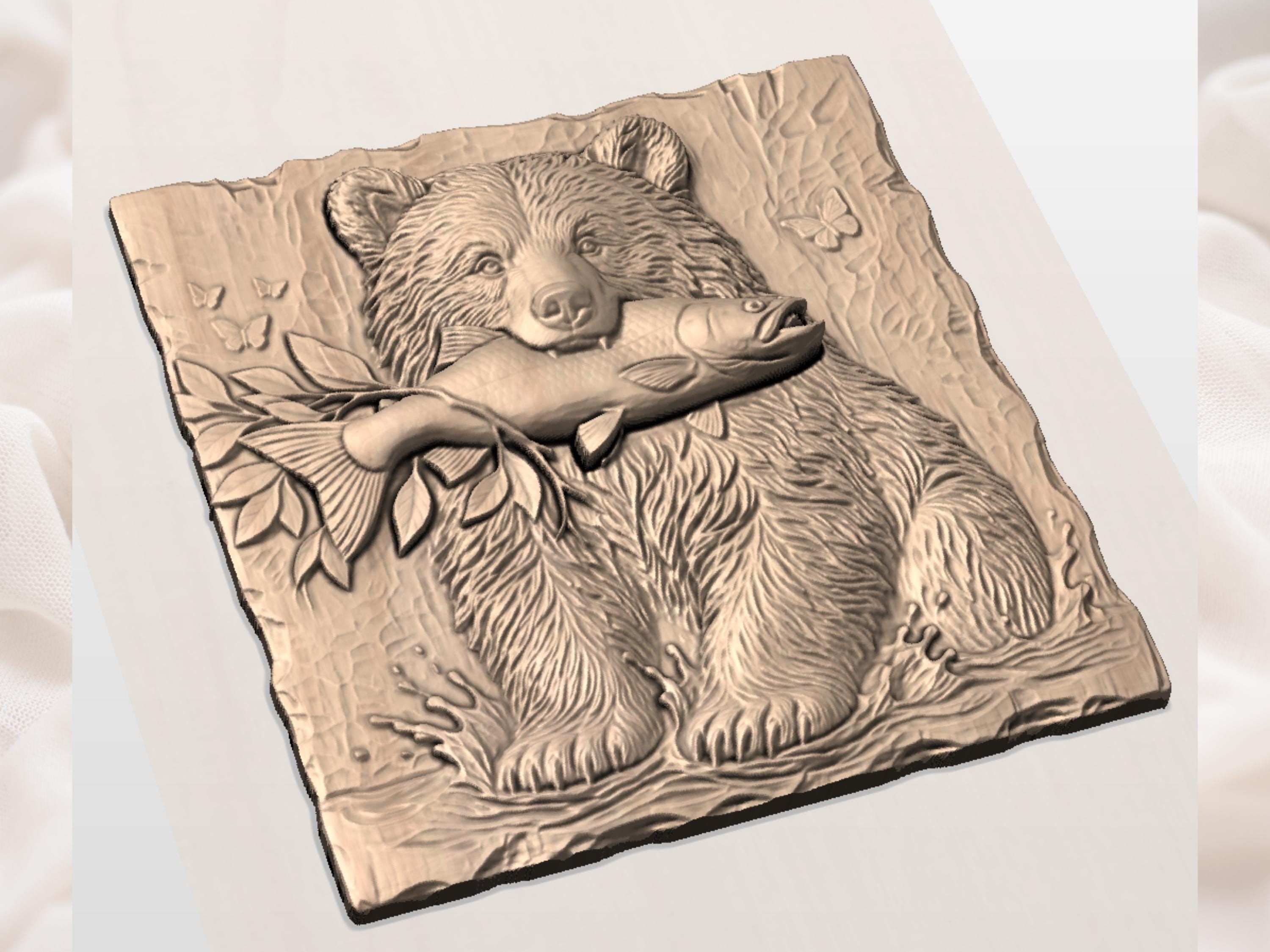 Grizzly Bear With Fresh Salmon Catch Bas-Relief STL bas-relief STL — view 3