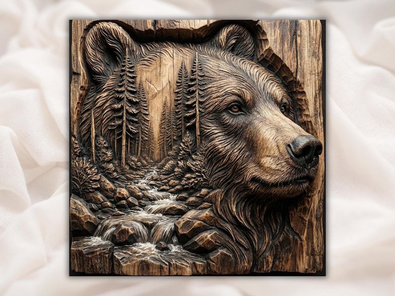 Carved bas-relief of a grizzly bear beside a pine forest and a rocky mountain stream on a wood panel