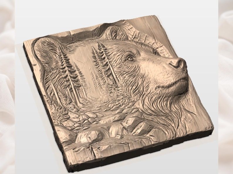Grizzly Bear and Mountain Stream Bas-Relief STL Carving bas-relief STL — view 2