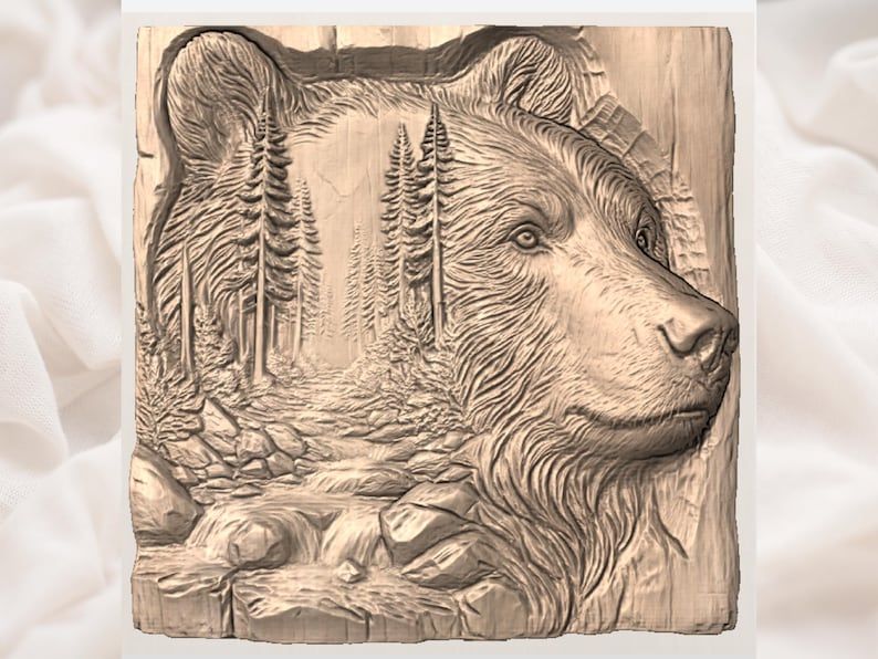 Grizzly Bear and Mountain Stream Bas-Relief STL Carving bas-relief STL — view 3