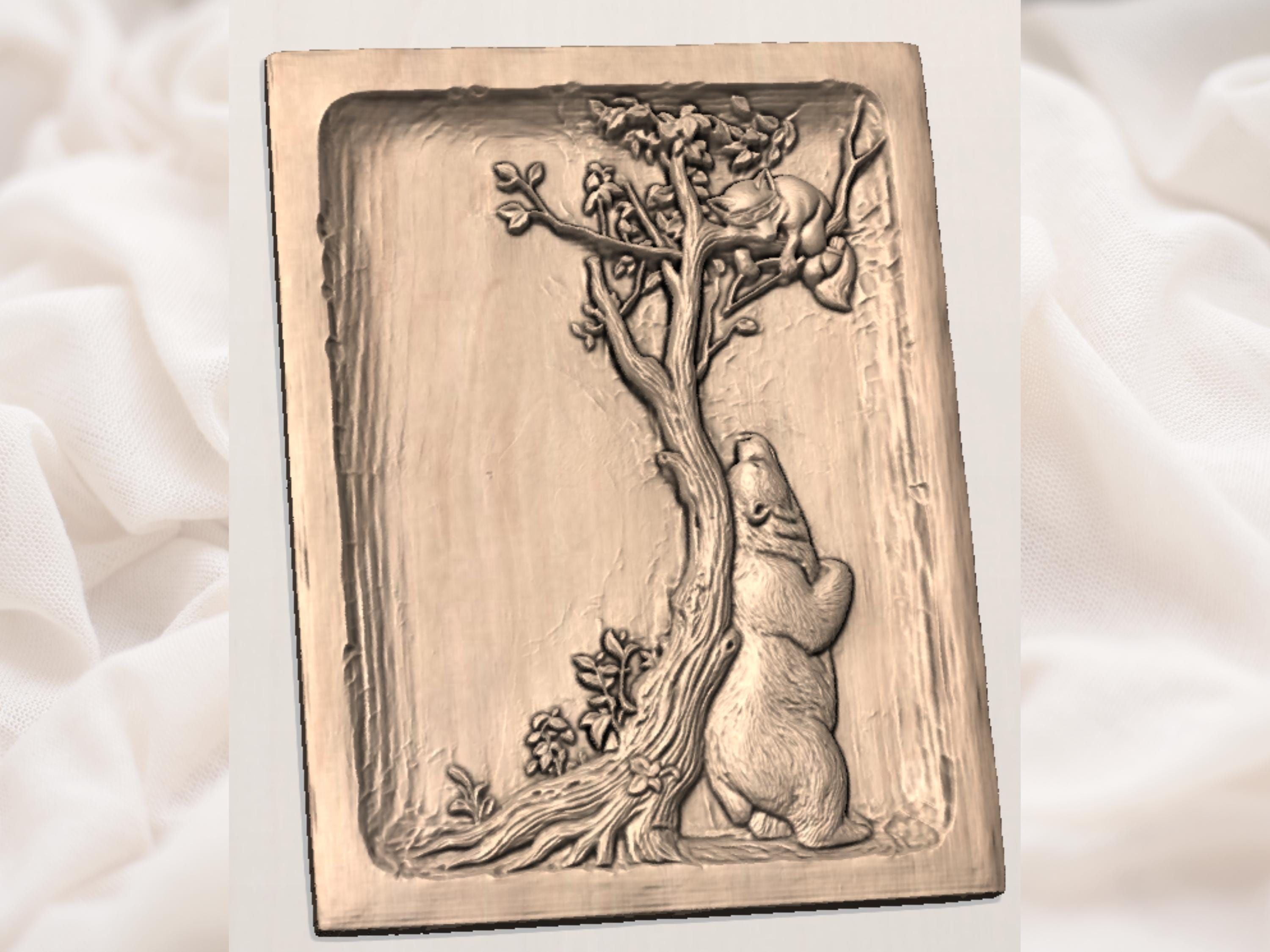 Bear and Fox in the Old Tree Bas-Relief Carving STL bas-relief STL — view 2