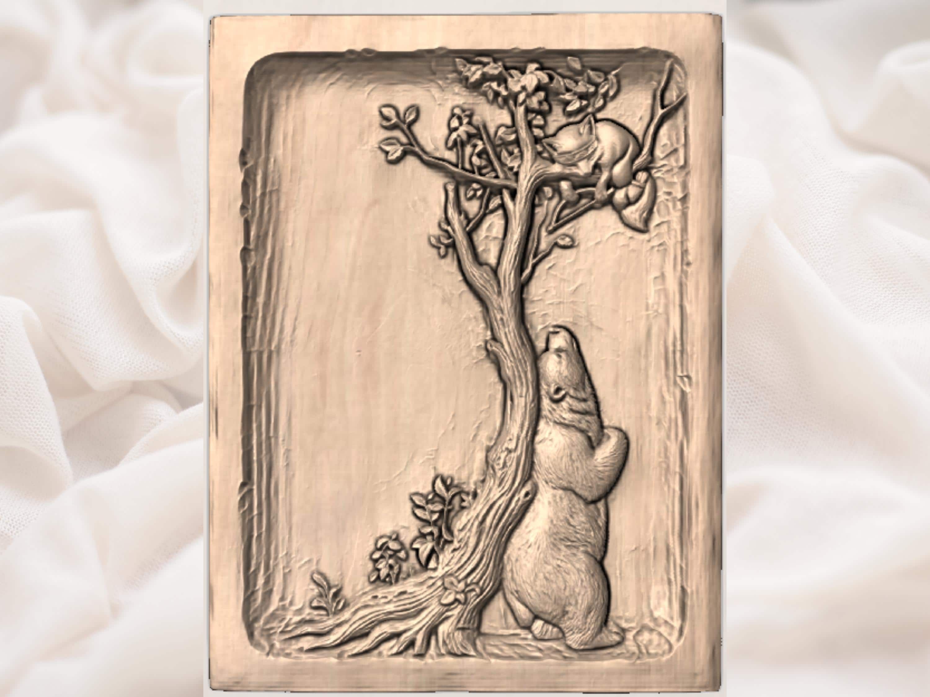 Bear and Fox in the Old Tree Bas-Relief Carving STL bas-relief STL — view 3