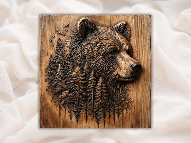 Bas-relief carving of a grizzly bear head blended with a pine forest and two birds on a wood panel