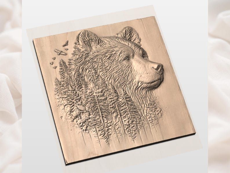 Grizzly Bear and Pine Forest Bas-Relief STL Wall Art bas-relief STL — view 2