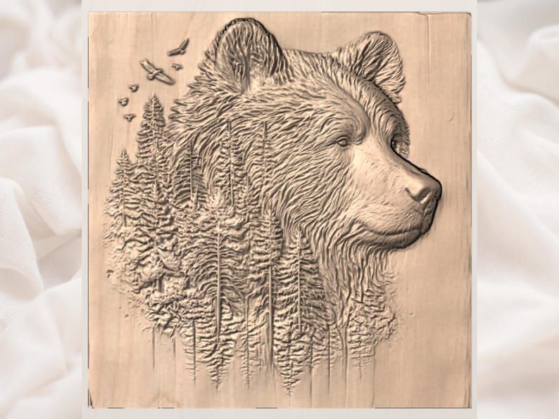 Grizzly Bear and Pine Forest Bas-Relief STL Wall Art bas-relief STL — view 3