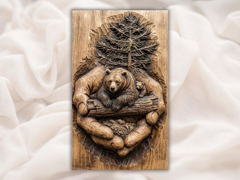 Bas-relief wood carving of a mother bear and cub on a log held in cupped hands under a pine tree
