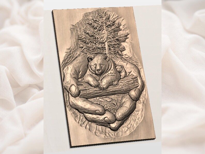 Mother Bear and Cub Cradled in Hands Bas-Relief STL bas-relief STL — view 2