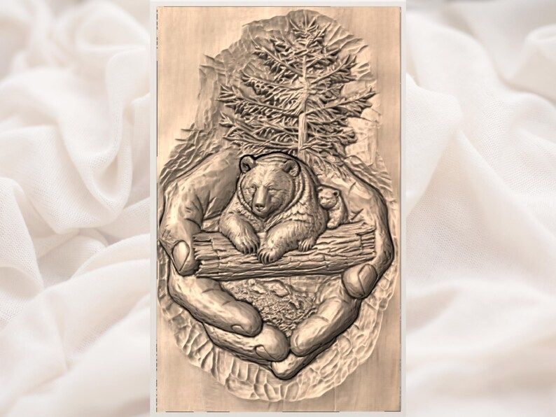 Mother Bear and Cub Cradled in Hands Bas-Relief STL bas-relief STL — view 3