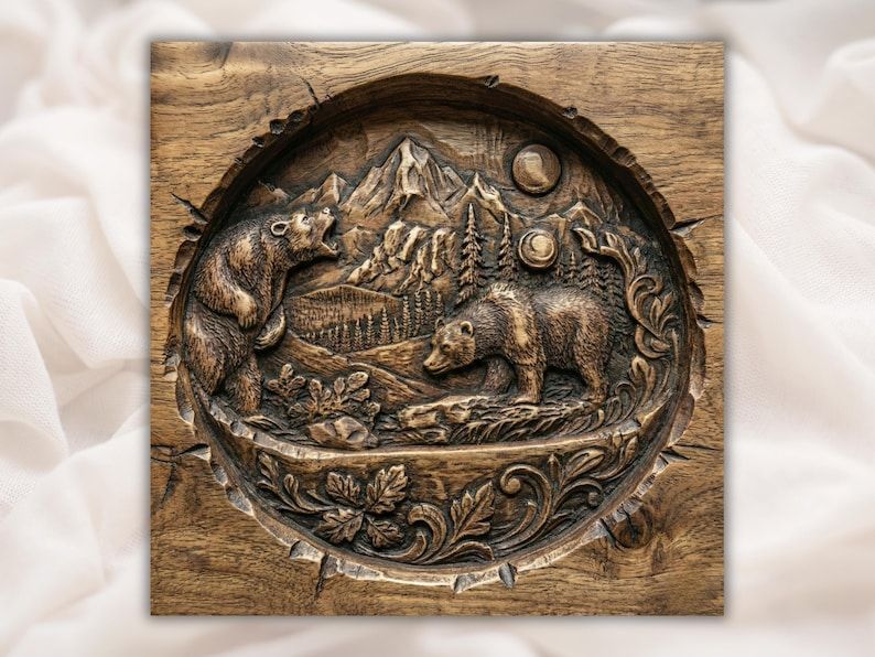 Round wood relief carving of two bears, pine forest, mountain peaks, and rising sun with a carved leaf border.