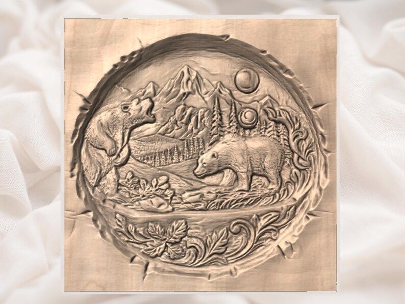 Two Bears Mountain Round Scene Bas-Relief STL Carving bas-relief STL — view 2