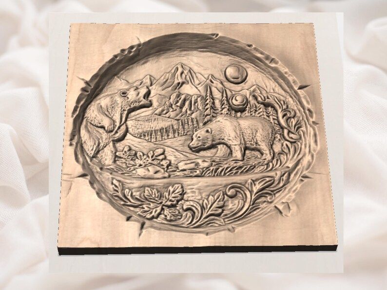 Two Bears Mountain Round Scene Bas-Relief STL Carving bas-relief STL — view 3