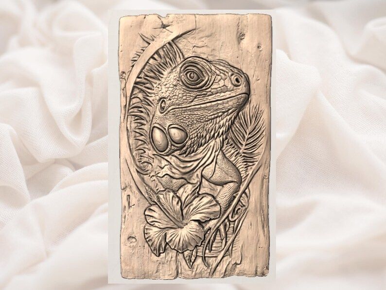 Iguana and Hibiscus Bas-Relief STL for CNC Carving bas-relief STL — view 2