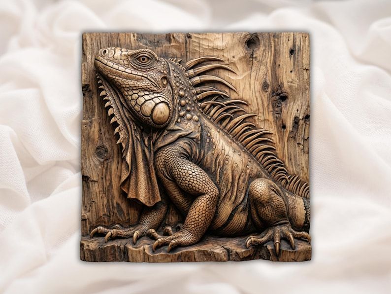 Bas-relief wood carving of an iguana with detailed scales, claws, and back spines on a plank background.