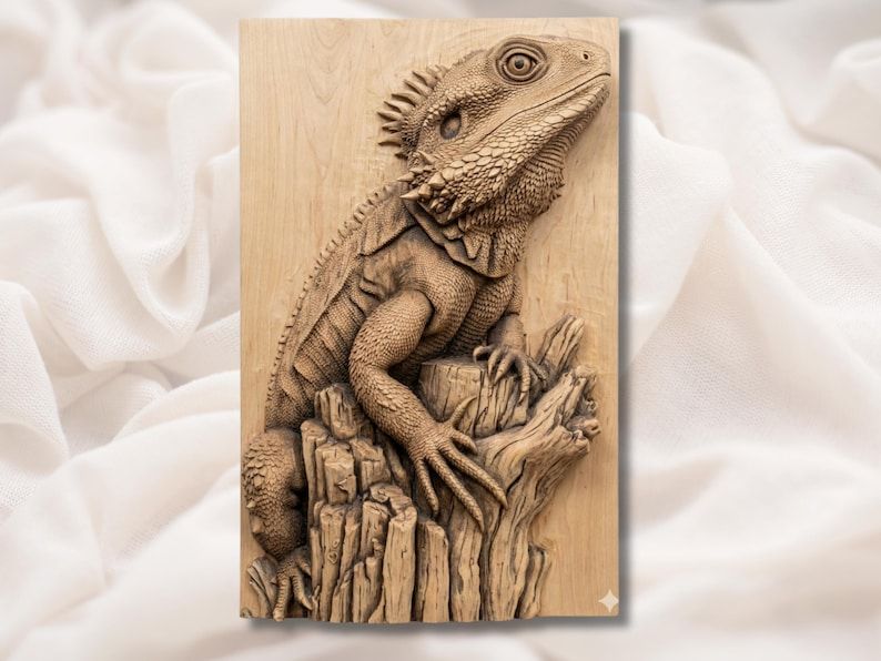 Carved wood bas-relief of a bearded dragon lizard perched on weathered driftwood logs