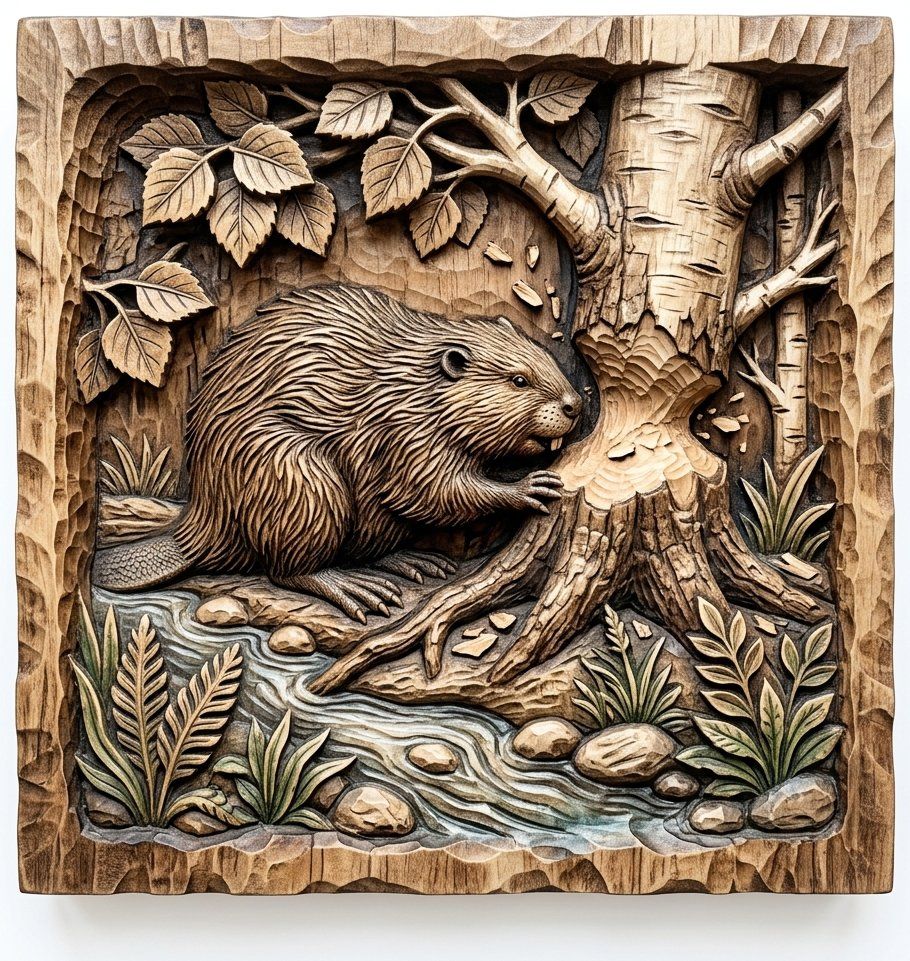 Beaver In Birch Forest Wildlife Wall Art | Rustic Nature Scene Relief Panel | Lodge Cabin Decor Woodworking Design | Forest Stream Art — carved bas relief STL file for CNC