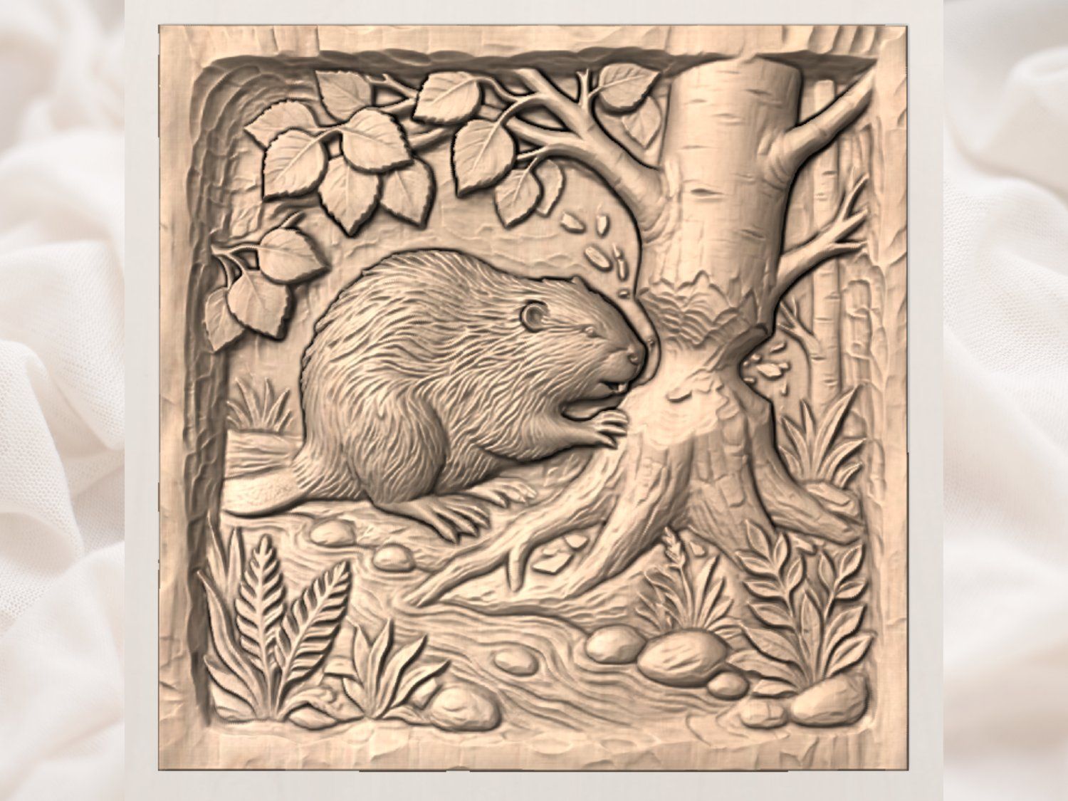 Beaver In Birch Forest Wildlife Wall Art bas-relief STL — view 2