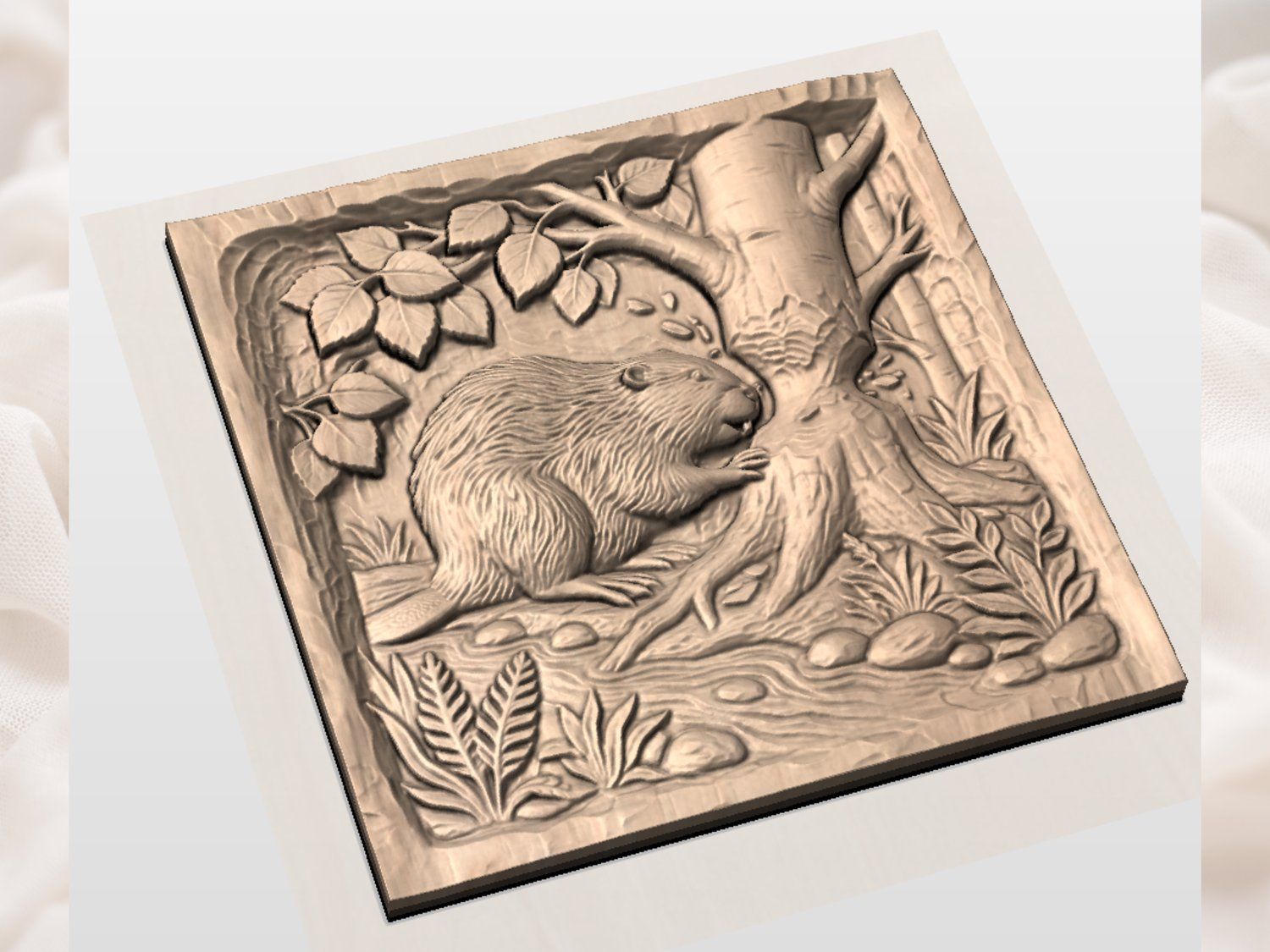 Beaver In Birch Forest Wildlife Wall Art bas-relief STL — view 3