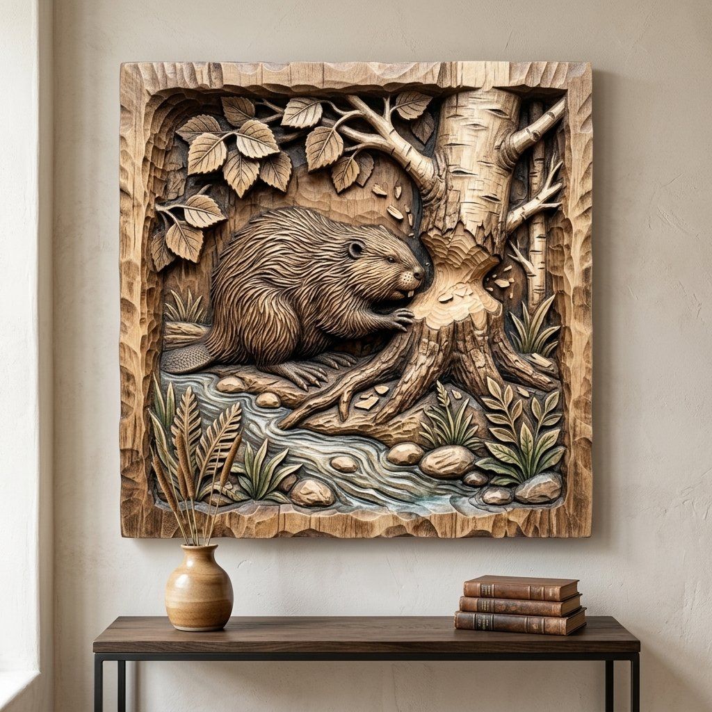 Beaver In Birch Forest Wildlife Wall Art bas-relief STL — view 5