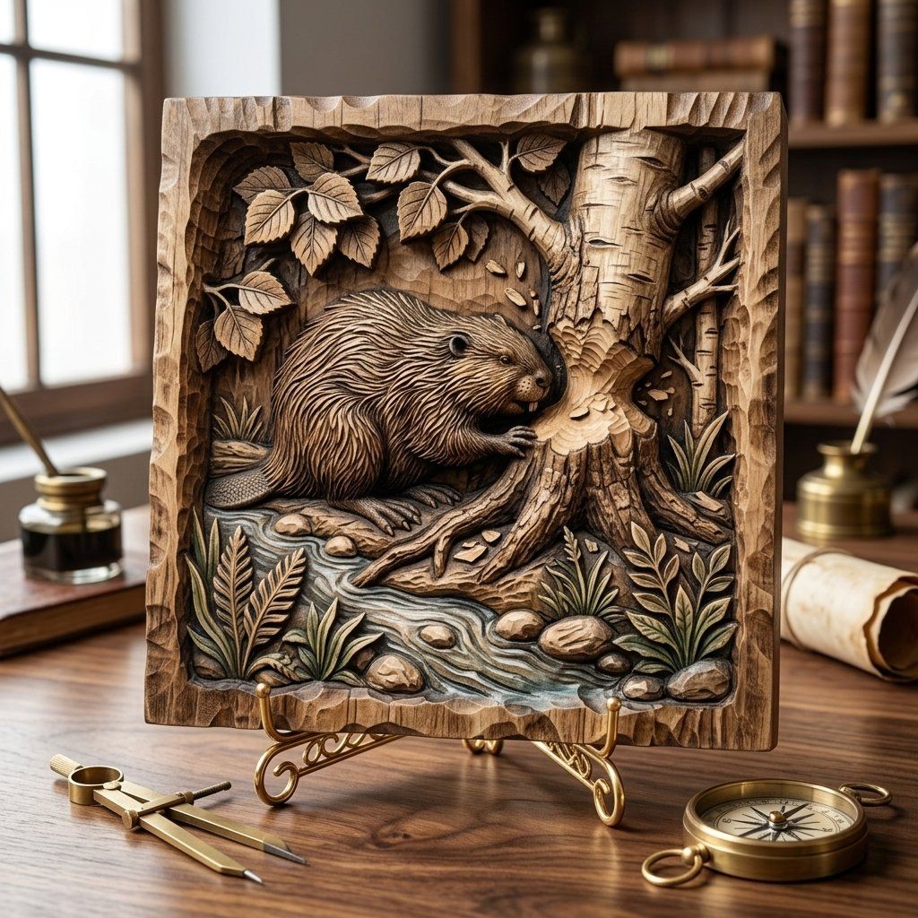 Beaver In Birch Forest Wildlife Wall Art bas-relief STL — view 6